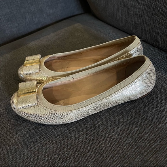 Kate Spade Tock Bow Ballet Flats Metallic Gold Logo - Size 6.5 - Picture 3 of 8